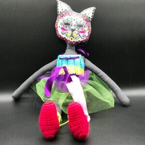 Hand Made Day of Dead Halloween Cat Ballerina Plush Crochet Clothes 22" Tall